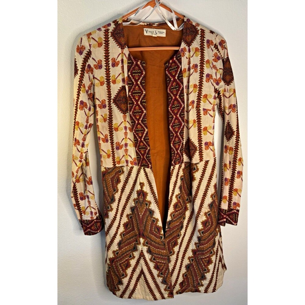 VAJOR Women's Multicolor Geometric Embroidered Open Front Overcoat Duster S